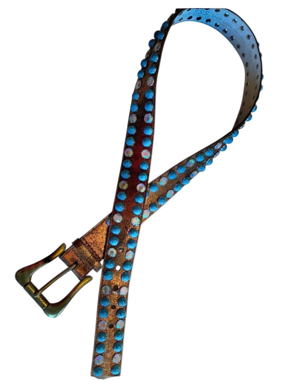 Guess studded Leather Belt Women's L, Brass Buckle Turquoise / Crystal studs euc